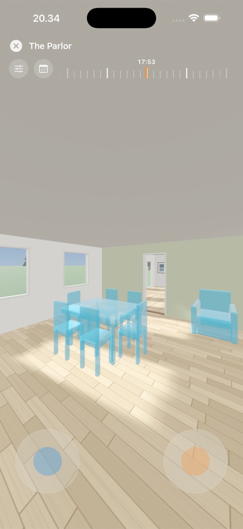 App screenshot: first-person walkthrough in a furnished living room