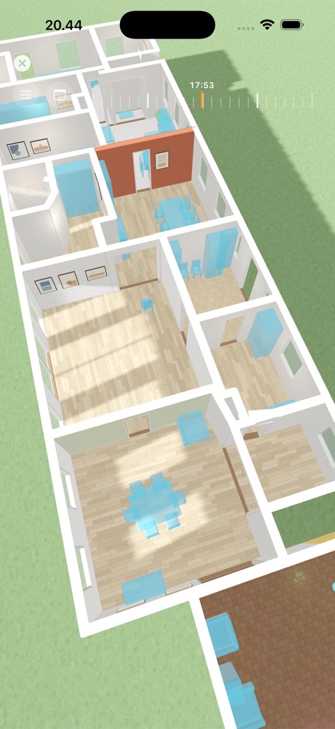 Captura de ecrã da app: a casa inteira em 3D sob o sol real